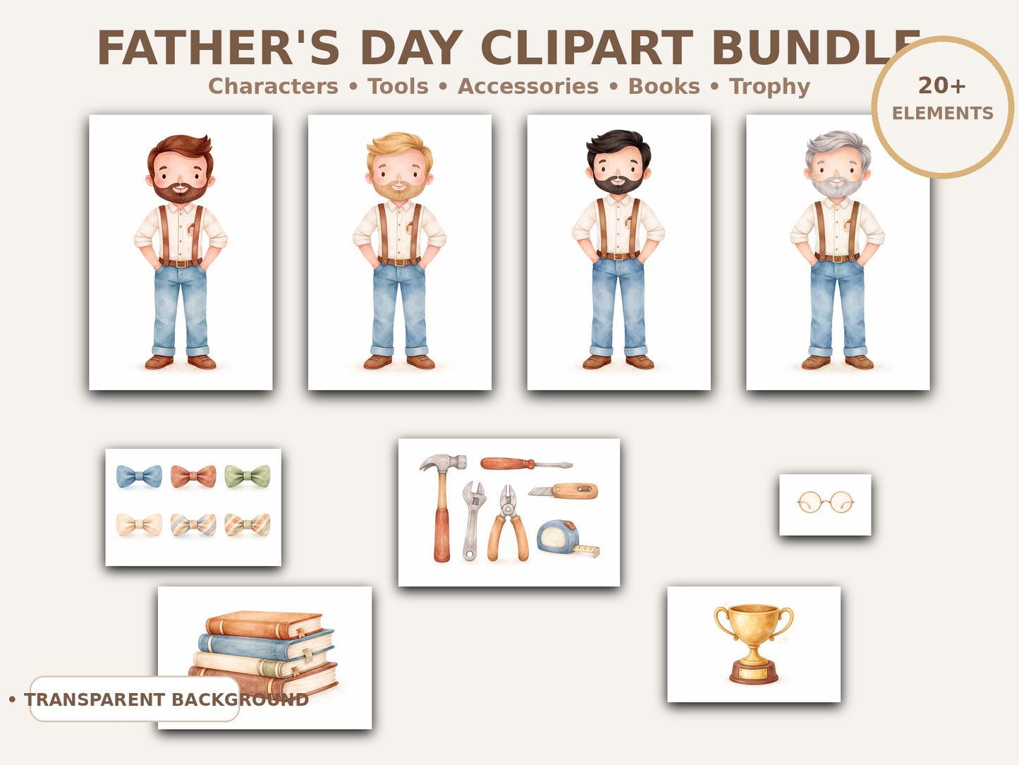 Father’s Day Watercolour Clipart Bundle | Dad Characters, Tools, Bow Ties & Trophy PNG | Sublimation & Craft Graphics