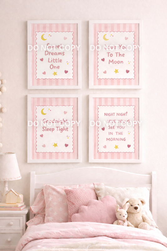 Pink Nursery Wall Art Set of 4 | Sweet Dreams Little One | Love You To The Moon | Goodnight Sleep Tight | Baby Girl Bedroom Prints | Nursery Quote Decor | Digital Download