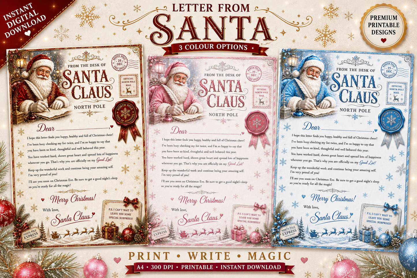 Luxury Santa Reply Letters Printable Bundle | Letter From Santa | Set of 3 Christmas Digital Downloads | Red Gold, Pink Silver & Blue Silver | A4 Instant Download