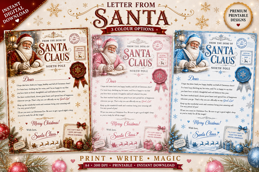 Luxury Santa Reply Letters Printable Bundle | Letter From Santa | Set of 3 Christmas Digital Downloads | Red Gold, Pink Silver & Blue Silver | A4 Instant Download