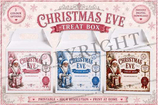 Luxury Christmas Eve Treat Box Labels | Set of 3 Printable Designs | 6x4 Inch PNG Bundle | Pink, Blue & Red | Instant Digital Download