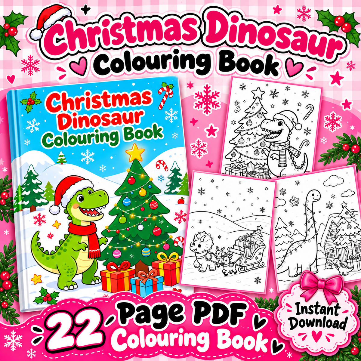 Christmas Dinosaur Colouring Book | 22 Page PDF | Kids Christmas Printable | Instant Digital Download