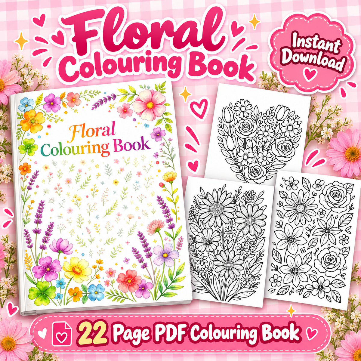 Floral Colouring Book | 22 Page Printable PDF | Flower Colouring Pages for Adults & Teens | Instant Digital Download