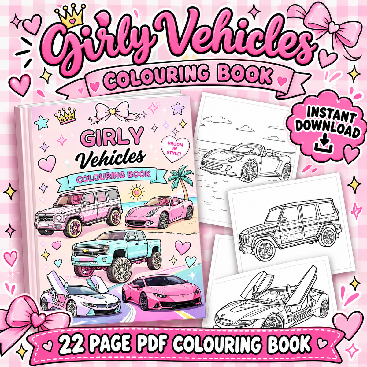Girly Vehicles Colouring Book | 22 Page Printable PDF | Cars & Trucks Colouring Pages | Instant Digital Download
