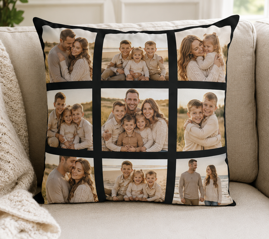 Personalised 9 Photo Cushion | 40x40cm Custom Photo Collage Cushion Cover| Permanent Print Memory Gift | Family, Pets, Baby, Wedding