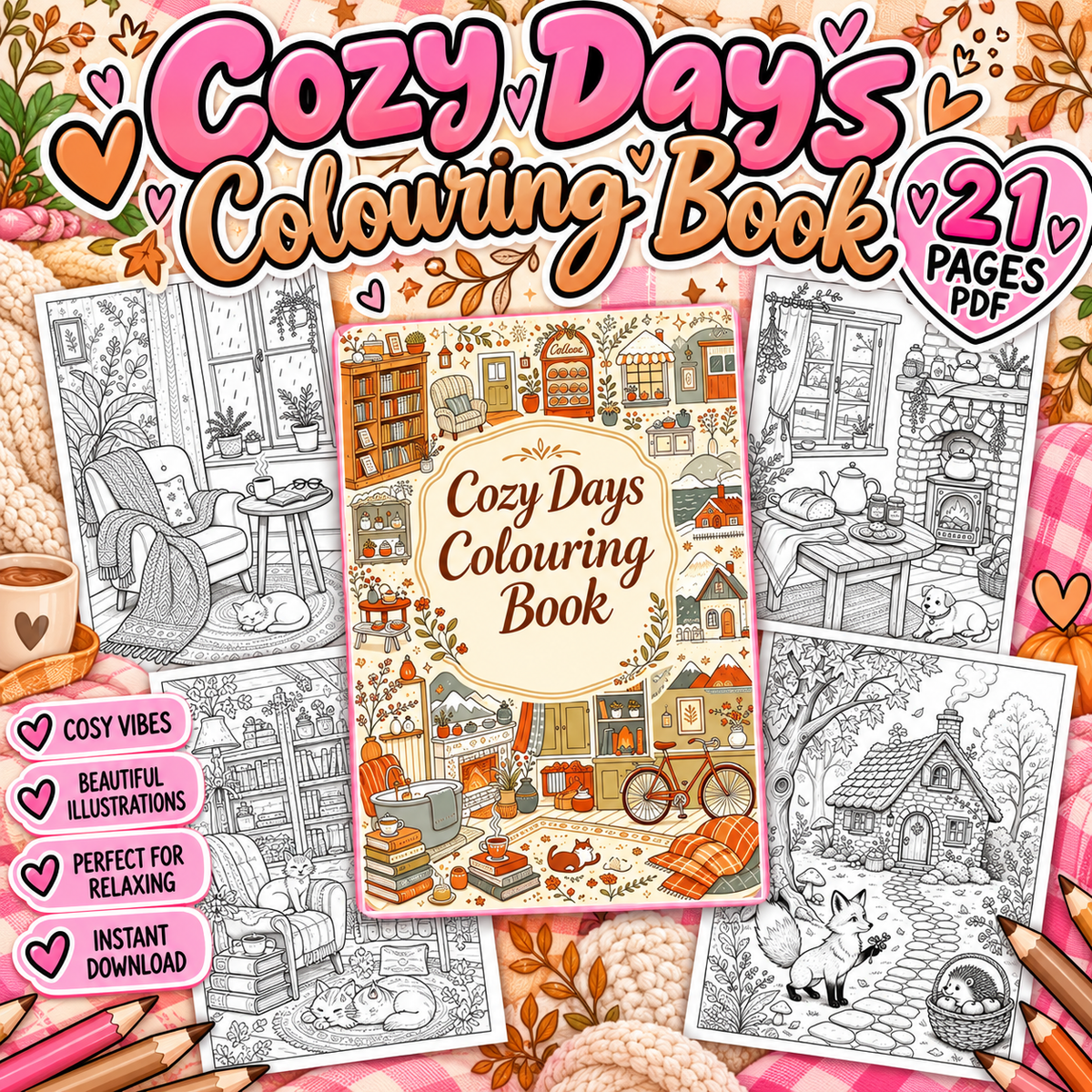 Cozy Days Colouring Book | 21 Page Printable PDF | Cosy Cottage & Relaxation Colouring Pages