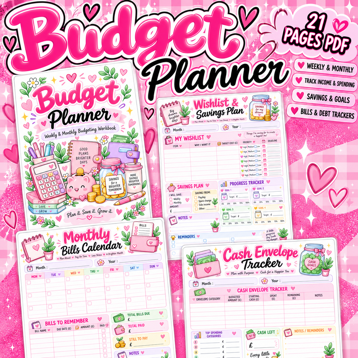 Budget Planner PDF | 21 Pages | Weekly & Monthly Budget Tracker | Printable Money Saving Workbook 💗
