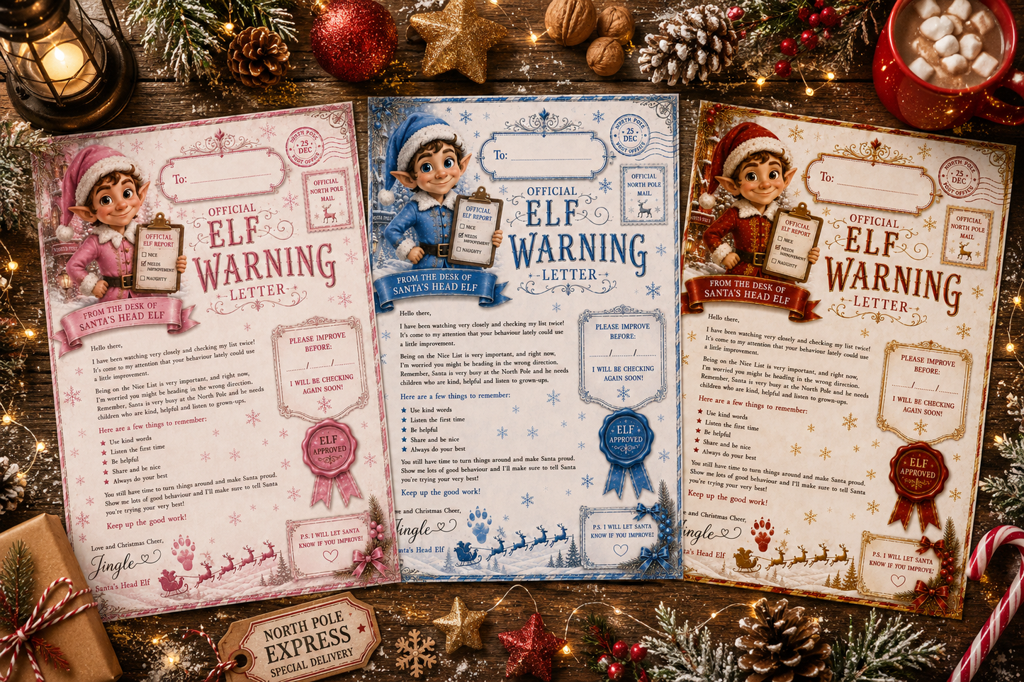 Personalised Christmas Elf Warning Letter Bundle | Set of 3 A4 Printable Letters | Pink, Blue & Red North Pole Designs | Instant Digital Download