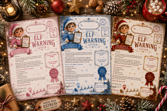 Personalised Christmas Elf Warning Letter Bundle | Set of 3 A4 Printable Letters | Pink, Blue & Red North Pole Designs | Instant Digital Download