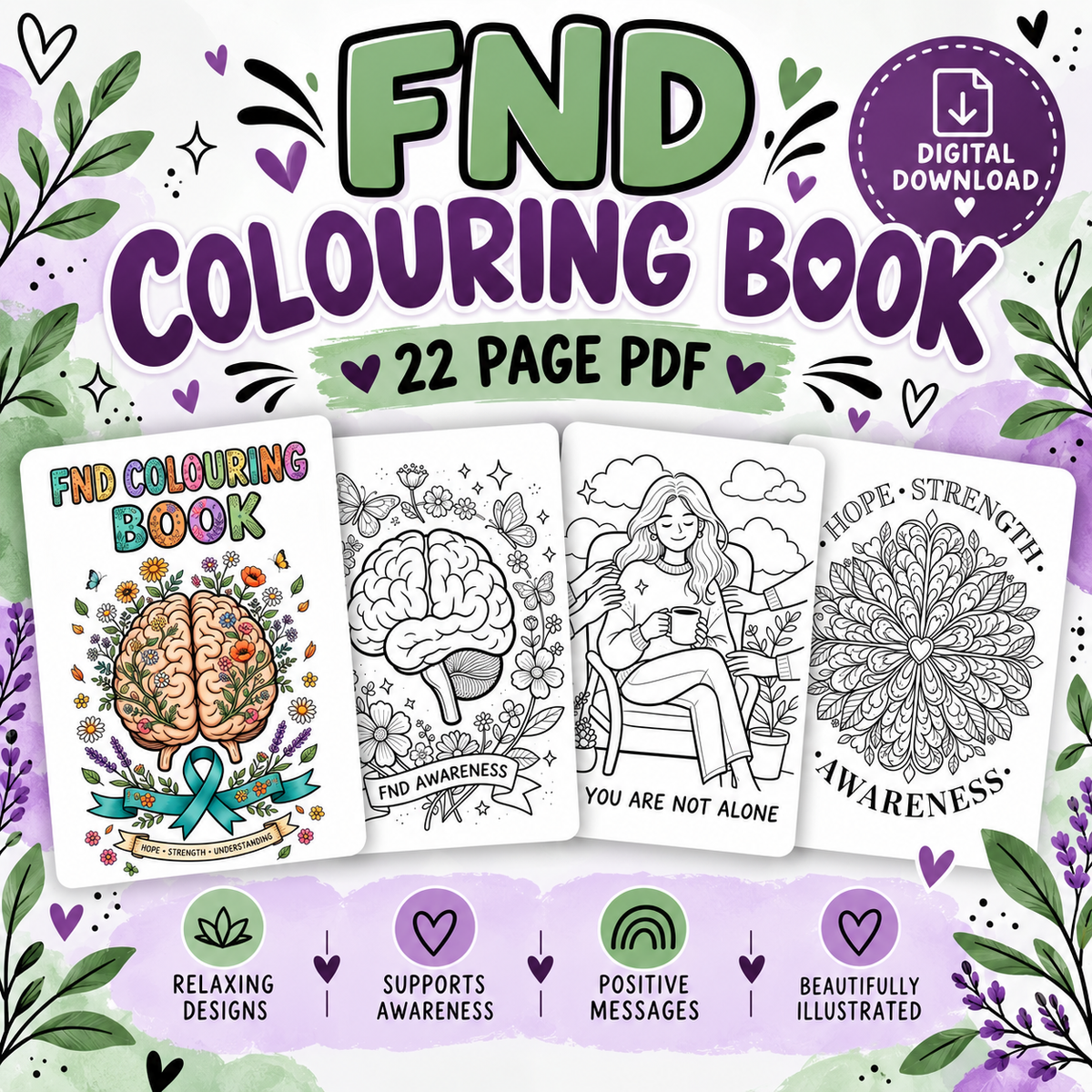 FND Awareness Colouring Book | 22 Page Printable PDF | Functional Neurological Disorder Digital Download