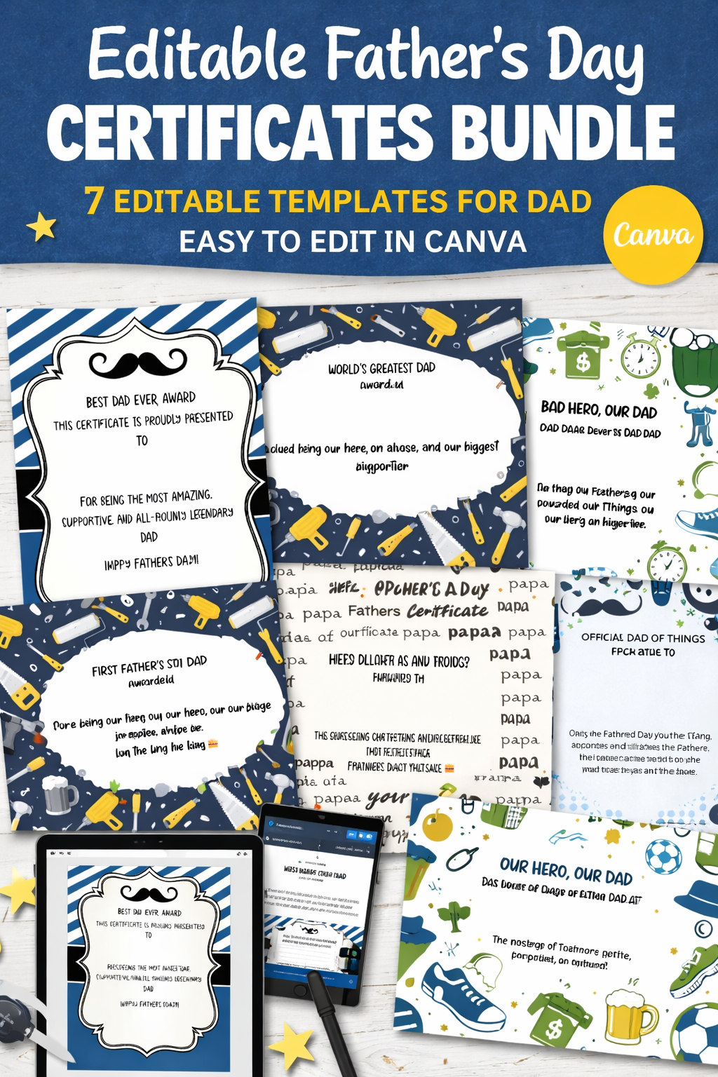 Editable Father’s Day Certificates Bundle | 7 Funny & Sentimental Dad Awards | Canva Template | Instant Download Printable Gift for Dad