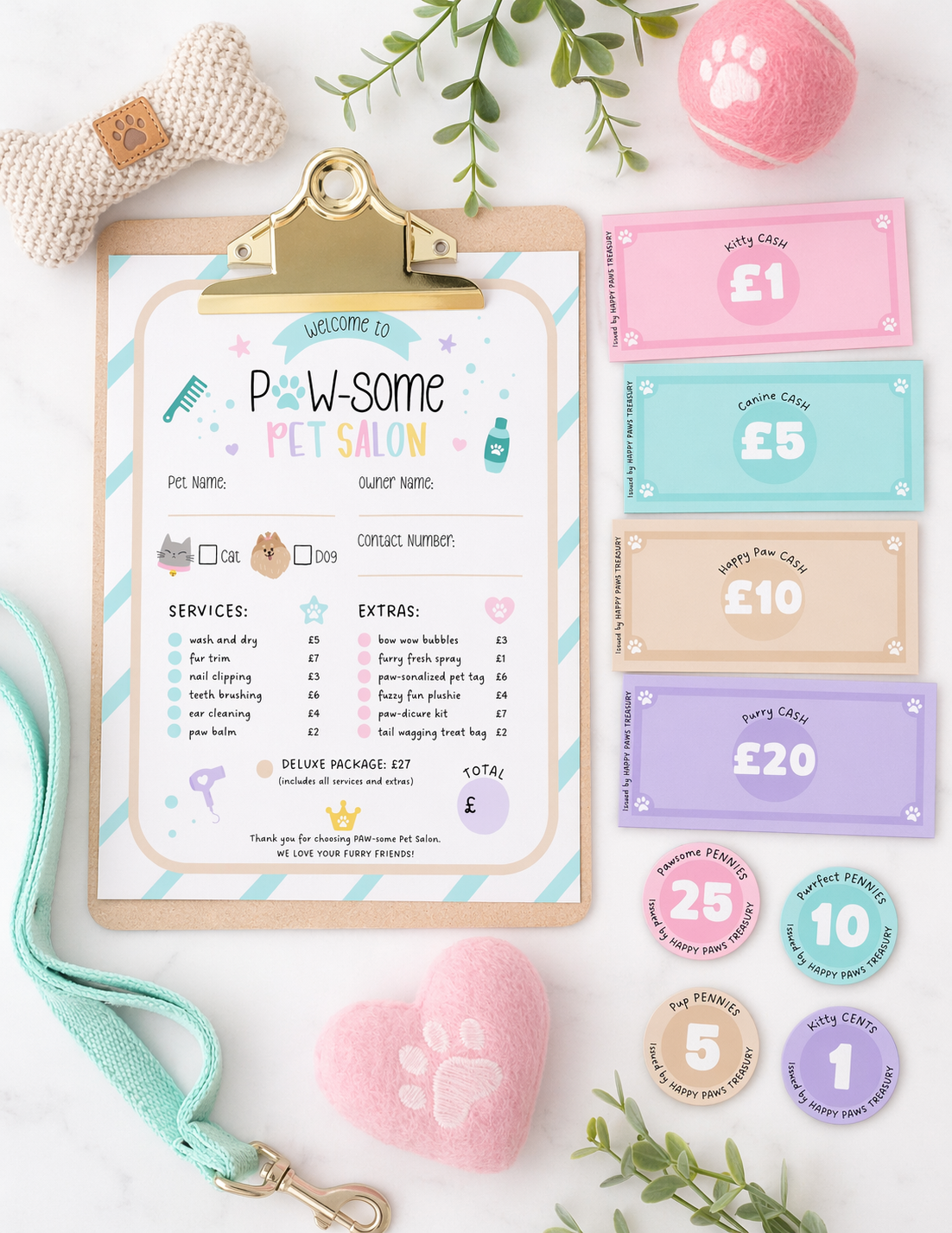 Paw-some Pet Salon Printable Kit | Kids Pretend Play Grooming Set | Editable Pet Salon Form + Play Money | Dog & Cat Role Play Activity PDF