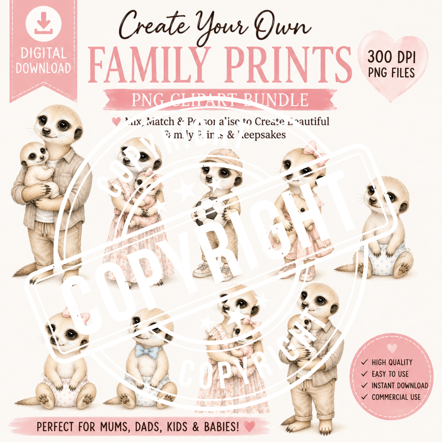 Meerkat Family Clipart Bundle PNG | Watercolour Family Creator | Mix & Match Mum Dad Baby Kids | 300 DPI Digital Download | Commercial Use