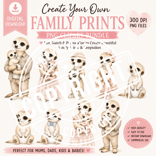 Watercolour meerkat family clipart PNG creator bundle