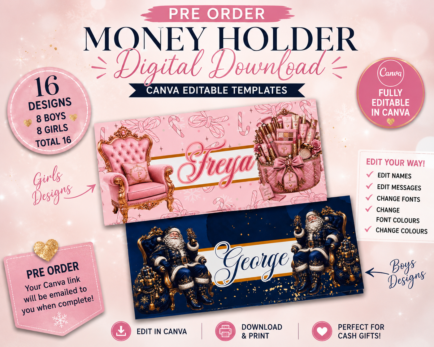 PRE-ORDER Editable Christmas Money Wallet Holders | Canva Template Bundle | 16 Personalised Cash Gift Holder Designs | Editable Names & Messages | Boys & Girls | Digital Download