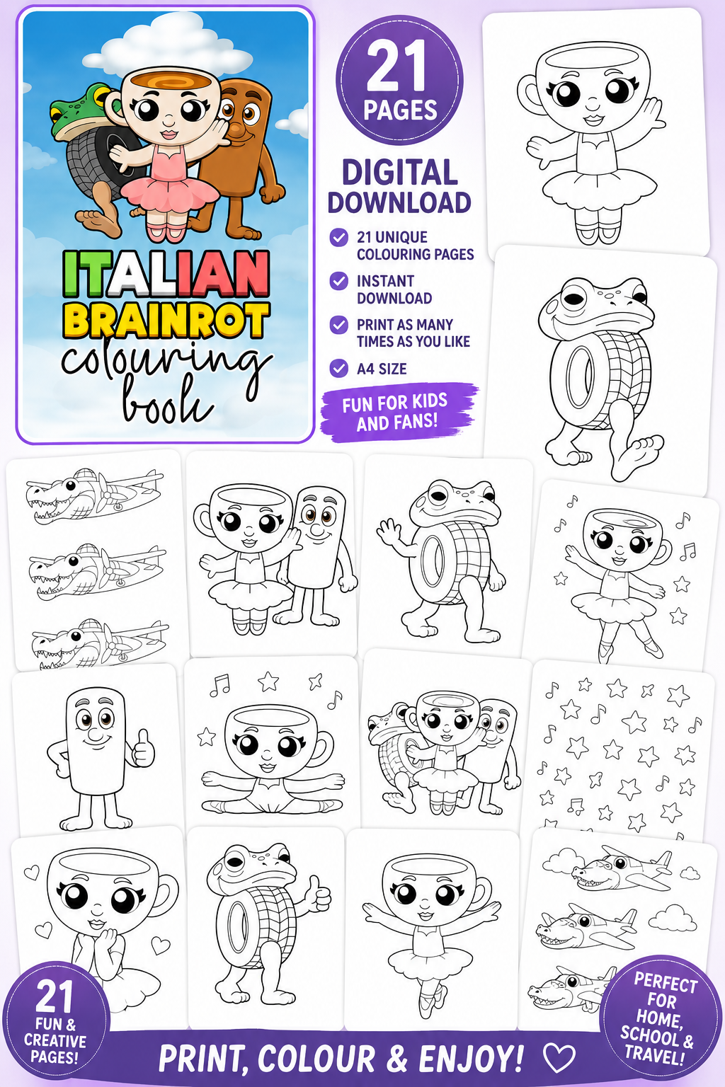 Italian Brainrot Colouring Book Digital Download | 21 Printable Colouring Pages | Canva Template Link | Funny Meme Inspired Colouring Book | Instant Download PNG