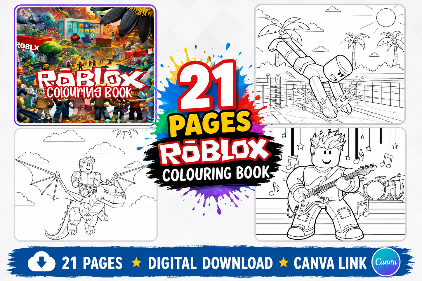 Roblox Inspired Colouring Book Digital Download | 21 Printable Colouring Pages for Kids | Instant Canva Link | Fun Gaming Activity Book