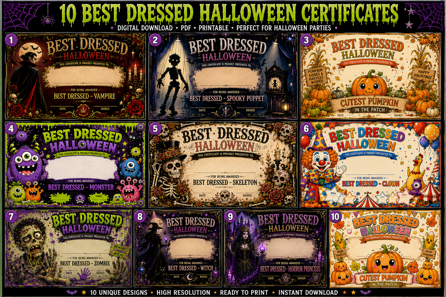 Halloween Best Dressed Certificates Bundle | 10 Printable Halloween Party Awards | A4 PDF Digital Download | Costume Contest Certificates for School, Nursery & Kids Parties