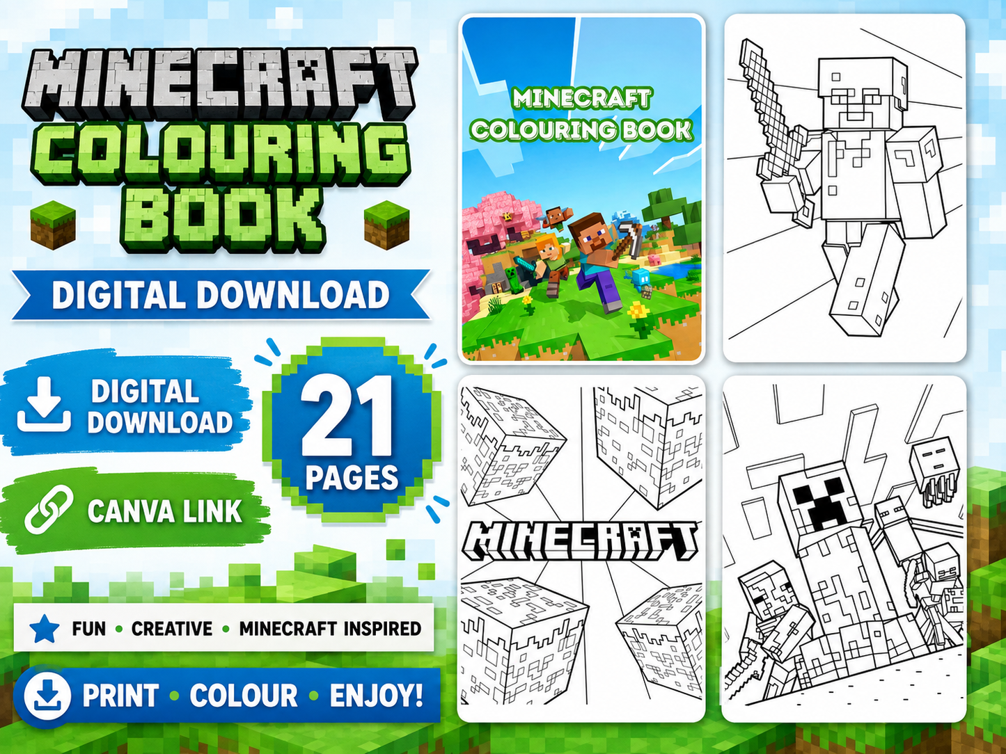 Minecraft Inspired Colouring Book Digital Download | 21 Printable Kids Colouring Pages | Gaming Activity Book | Instant Canva Link