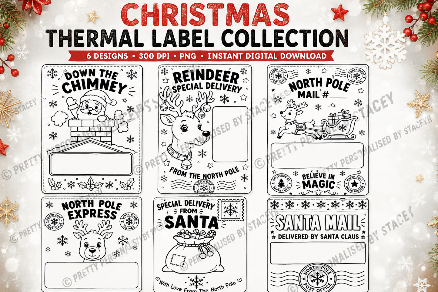 Christmas Thermal Labels PNG Bundle | 6 North Pole Santa Delivery Labels | Personalised Gift Stickers | Digital Download