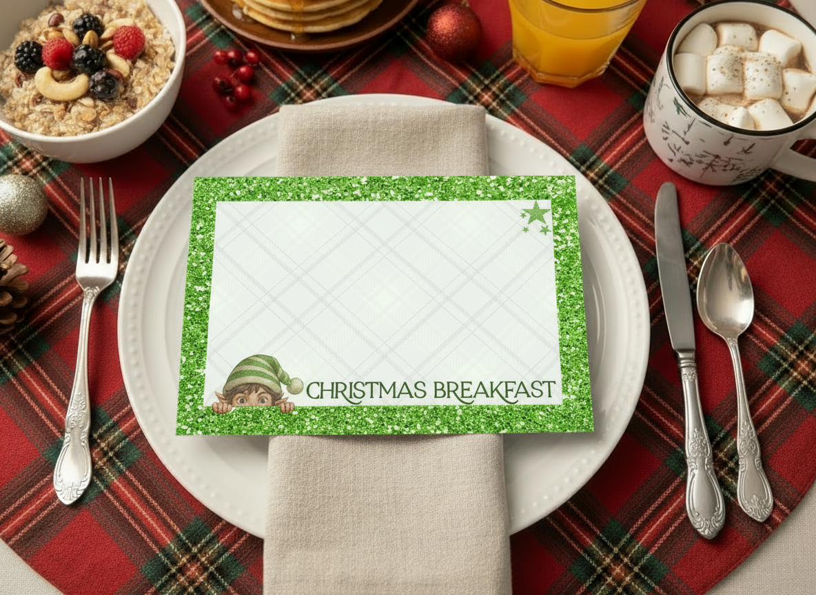 Elf Christmas Breakfast Printable Placemats – 3 Glitter Designs (Personalised Digital Download)
