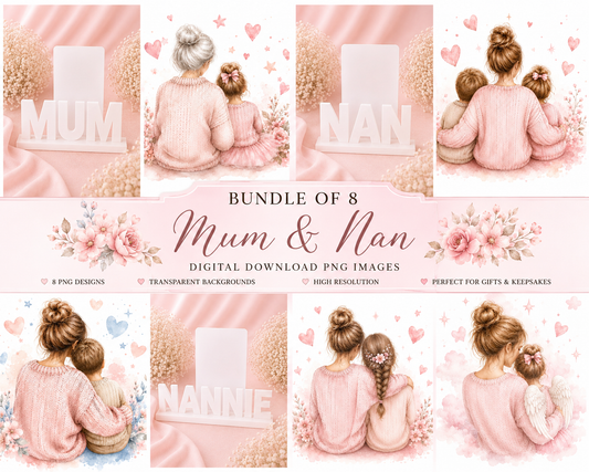 Bundle of 8 Mum & Nan Watercolour PNG Designs | Emotional Motherhood Clipart | Pink Floral Family Artwork | Sublimation PNG Download