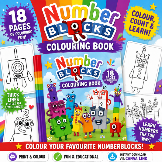 Numberblocks inspired 18 page printable colouring book preview