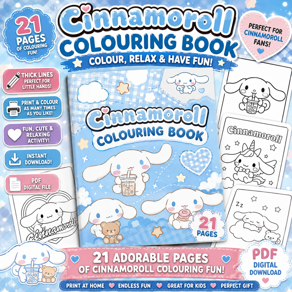 Cinnamoroll inspired 21 page printable colouring book preview