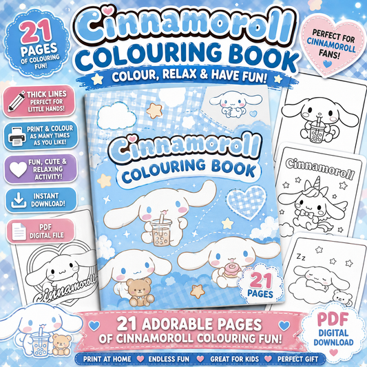 Cinnamoroll inspired 21 page printable colouring book preview