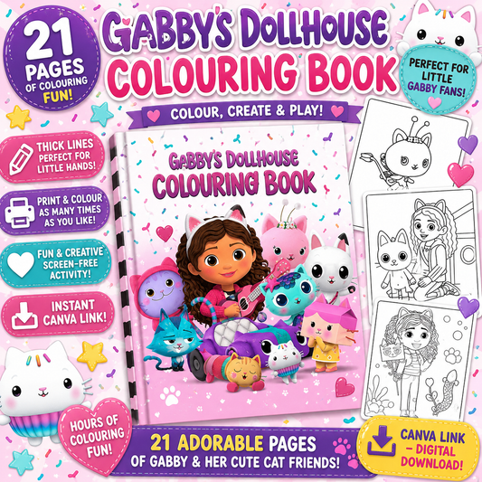 Gabby's Dollhouse inspired printable colouring book preview