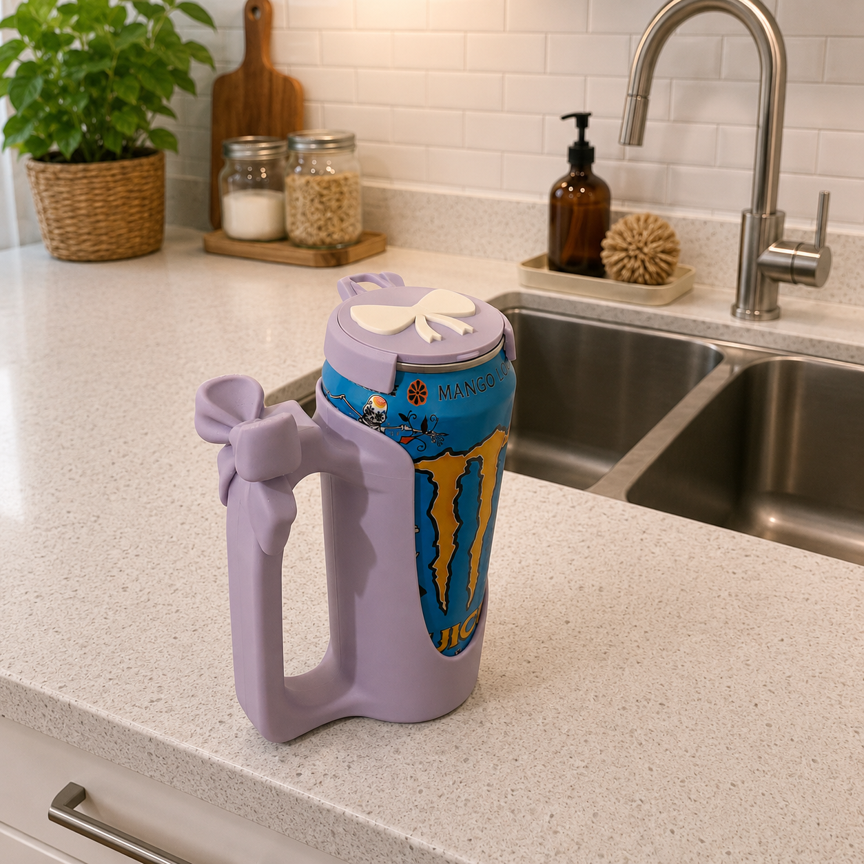 500ml Energy Drink Can Holder with Lid & Bow – 3D Printed Tumbler Style Can Cup – Cute Reusable Drinks Holder