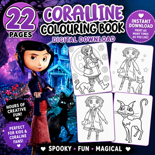 Spooky button-eyed girl colouring book Canva template preview