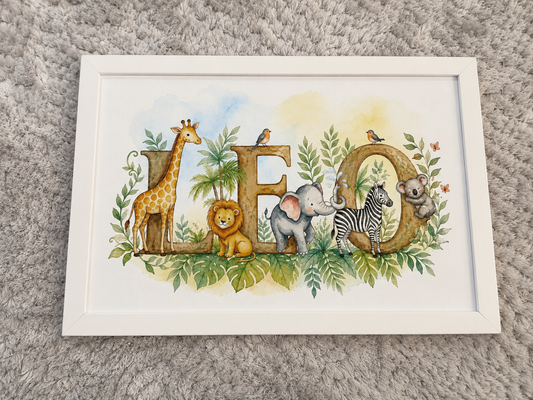 Personalised Jungle Nursery Wall Art Print | Safari Animal Name Print | Custom Children’s Bedroom Decor | A4 Gloss Photo Print | Baby Boy Gorl Nursery Gift