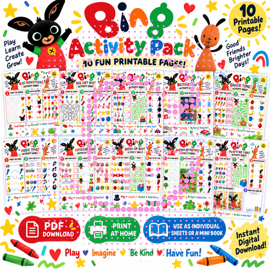 Bing Inspired Kids Activity Pack | 10 Printable Activity Sheets | PDF Digital Download | Mazes, Matching, Counting & Creative Fun