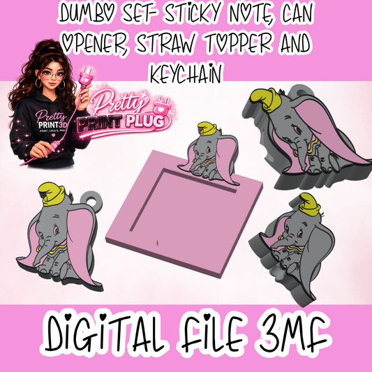 Dumbo Inspired 3MF Bundle | Sticky Note Holder, Straw Topper, Can Opener & Keychain STL Files | Cute Elephant 3D Print Digital Download